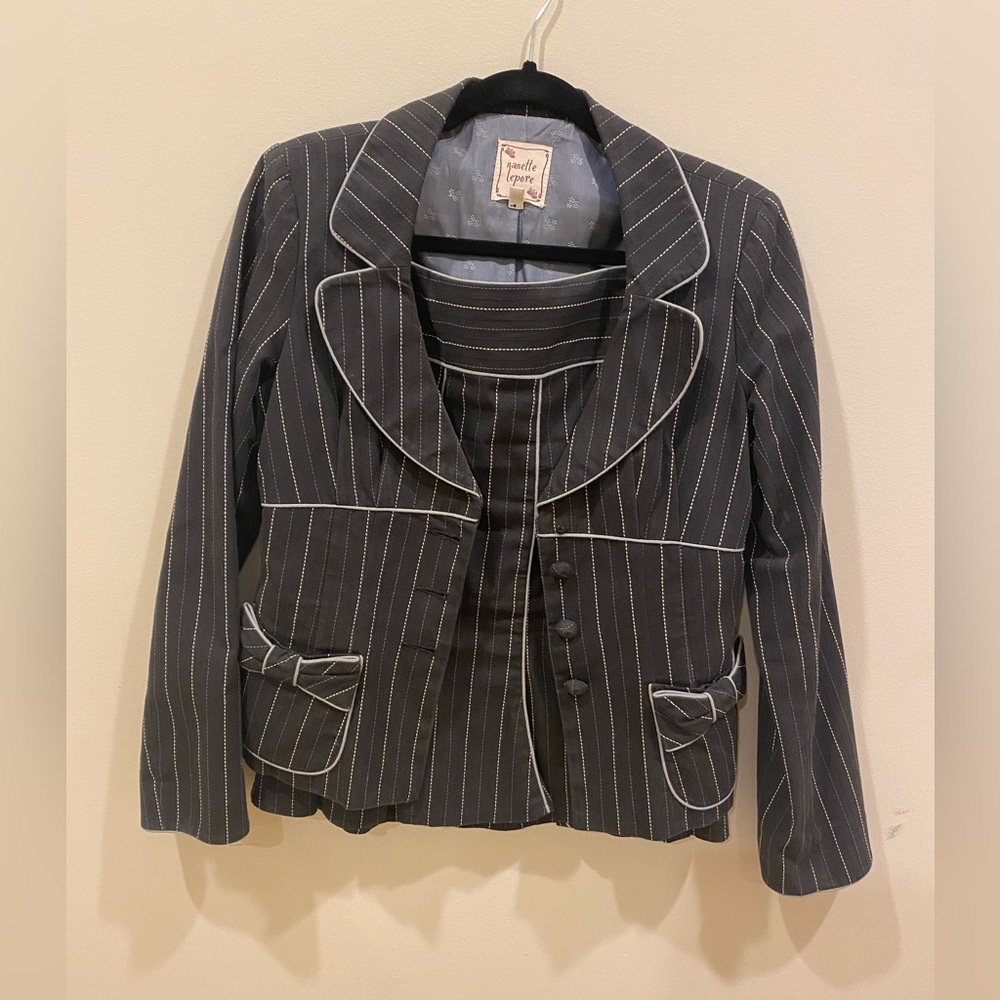 Nanette Lepore Black with cream and light blue pin stripes skirt suit size 4